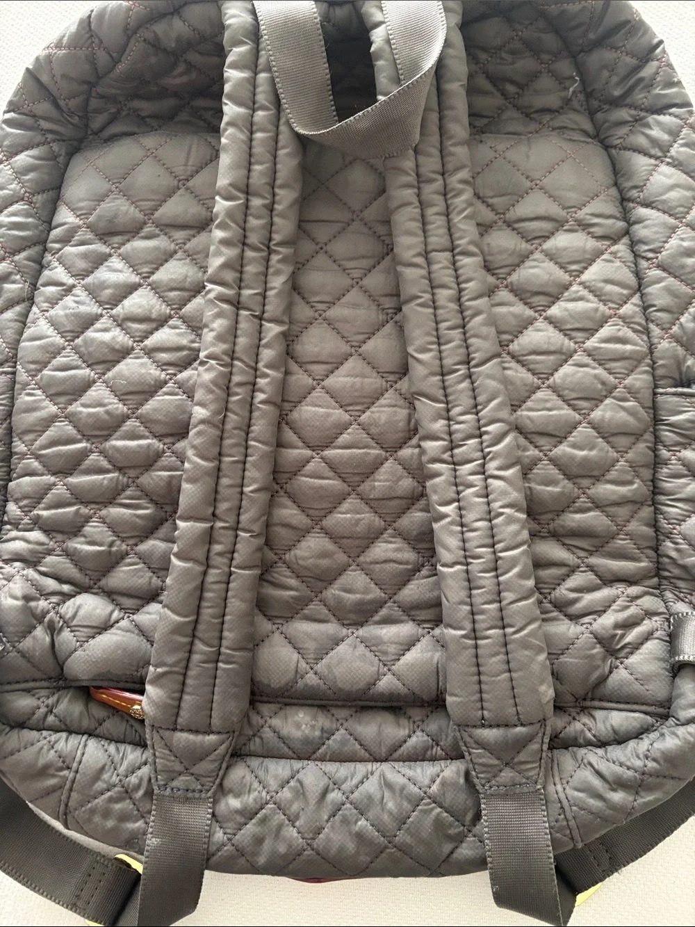 MZ Wallace Quilted Gray Nylon Backpack with Gold Accents